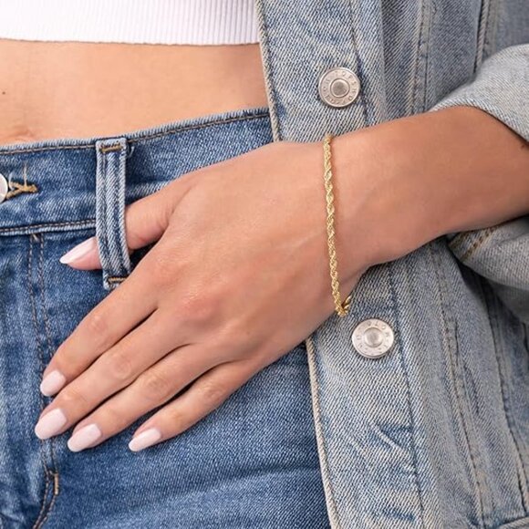 Barzel 18K Gold Plated Rope 3MM Gold Chain Bracelet - Picture 2 of 5